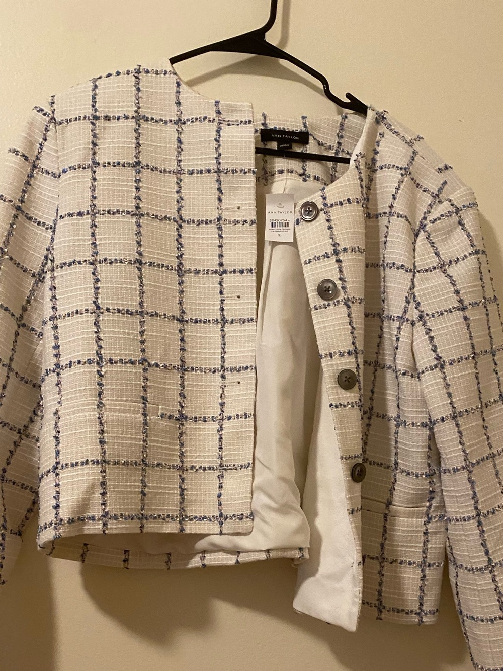 Ann Taylor Cream Tweed Cropped Blazer with Blue Windowpane